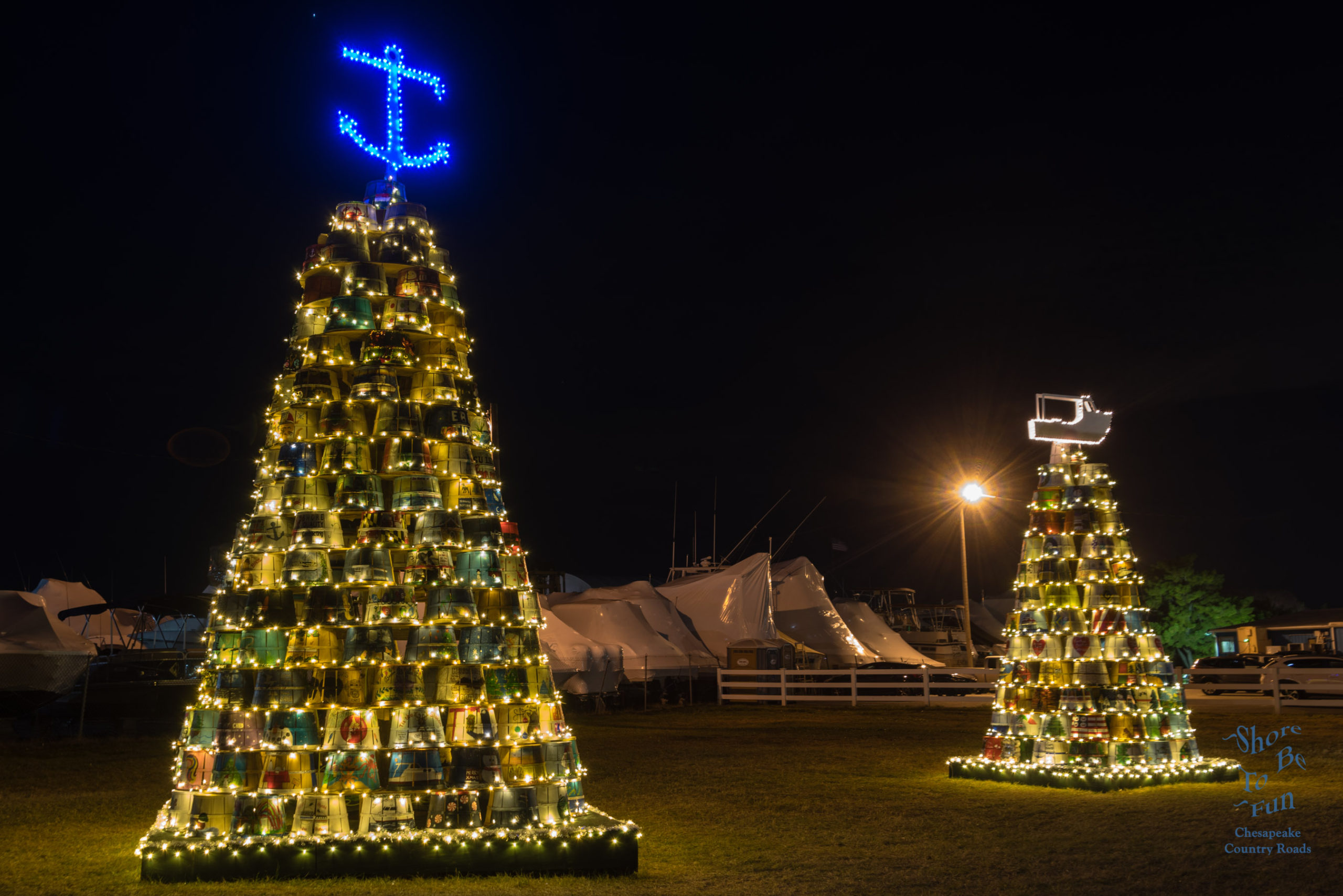 QAC Watermen's Association Crab Basket Tree at night